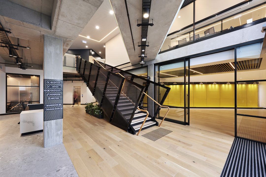 1178 – Axiom – Sheffield – 070 Industrial steel-framed warehouse staircase with modern architectural design