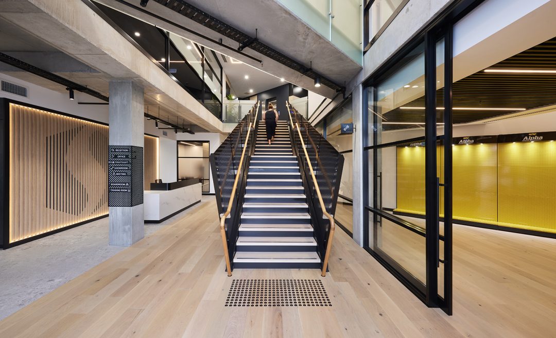 1178 – Axiom – Sheffield – 136 Industrial steel-framed warehouse staircase with modern architectural design (front view)
